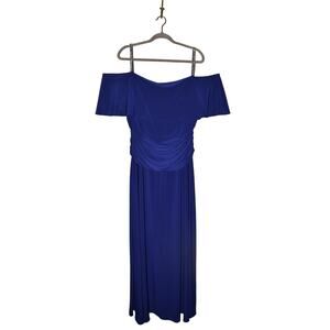 R&M RICHARDS NEW $139 Blue Off-Shoulder Ruched Maxi Dress Rhinestone Straps 16W